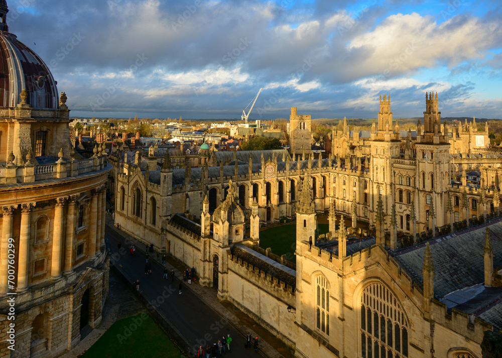 Skyline of Oxford, Oxfordshire, UK, in the evening sunlight with the gothic building of the All Souls College