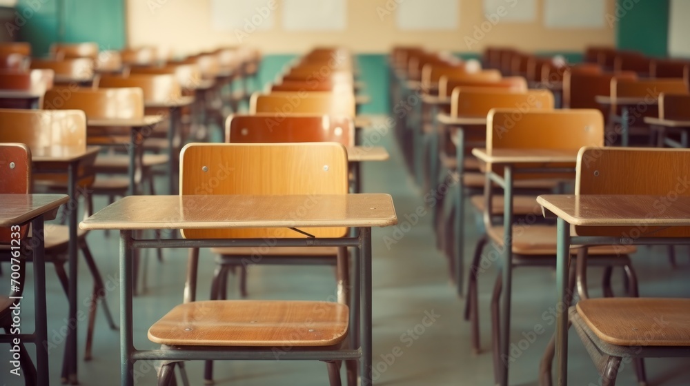 Empty chairs and tables in classroom Empty chairs and tables in classroom