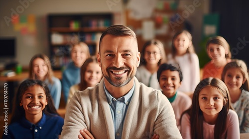 Smiling teacher standing in front of his students in classroom photo