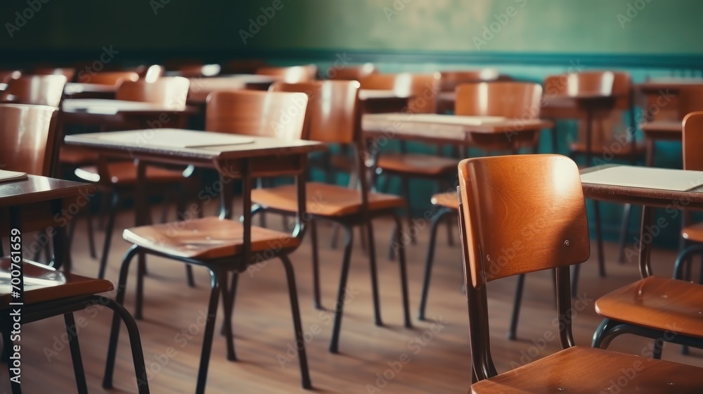 Empty classroom with chairs and tables in a school or university, education concept