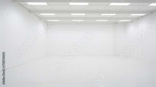 Pièce complètement blanche en intérieur, vide, avec lumière éblouissante, mur et sol. Ambiance claire, lumineuse. Arrière-plan pour conception et création graphique. photo