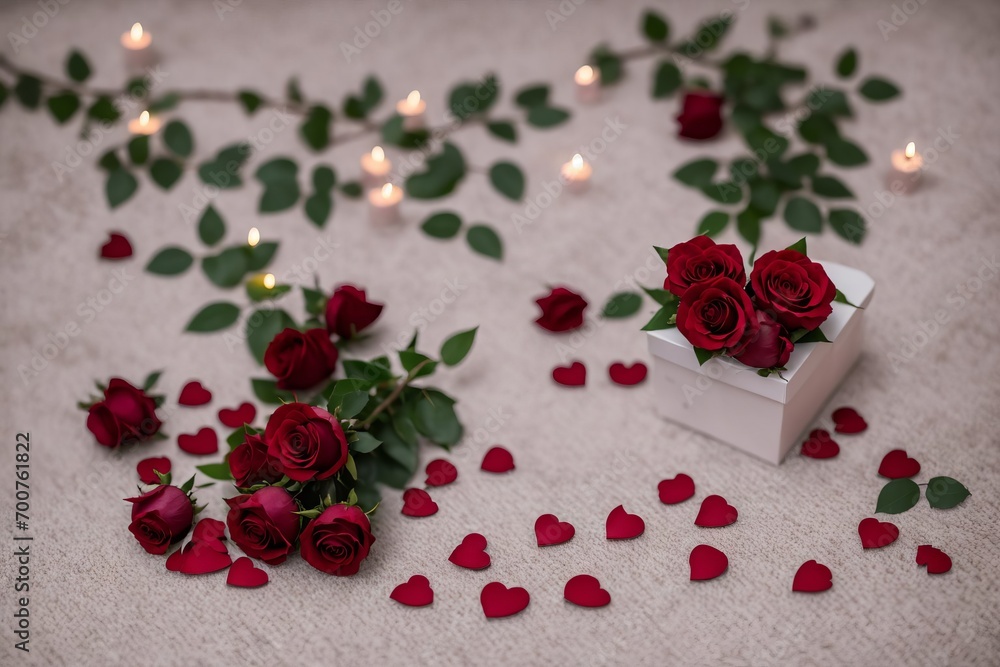 A romantic tableau for Valentine's Day: soft candlelight dances on a table adorned with crimson roses, decadent chocolates, and intertwined hearts. An image encapsulating love's essenceю A romantic tableau for Valentine's Day: soft candlelight dances on a table adorned with crimson roses, decadent chocolates, and intertwined hearts. An image encapsulating love's essenceю
