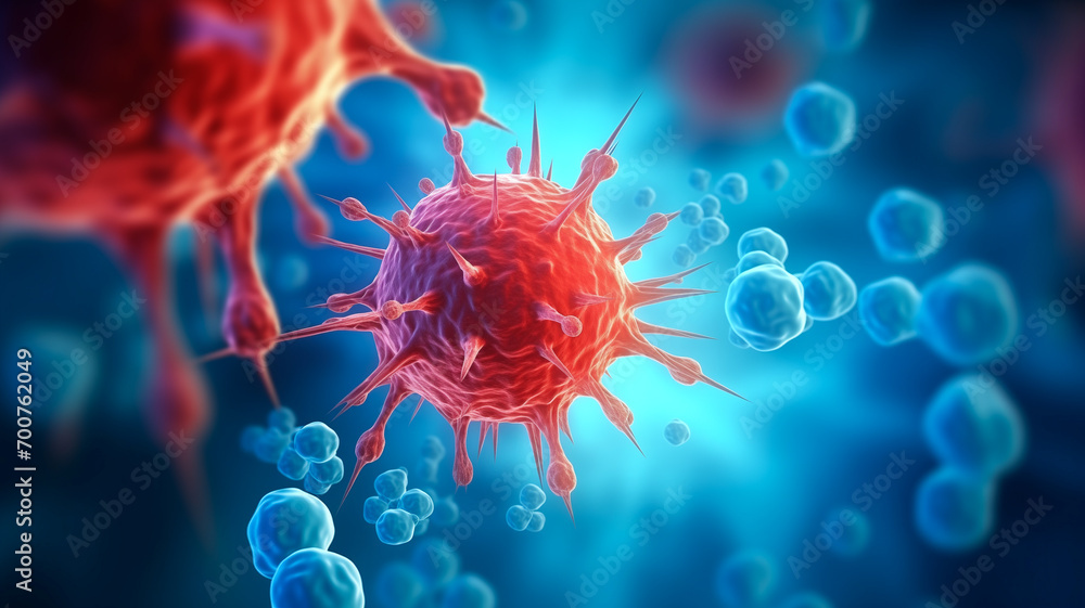 Banner Medical illustration, red cancer cell on blue background - obrazy, fototapety, plakaty 