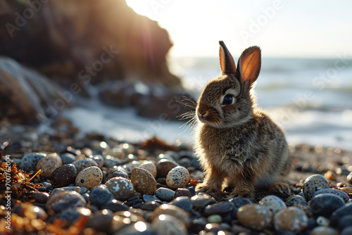 Rabbit amidst various colored easter eggs on a sunlit beach with gentle waves and distant rocky cliffs.