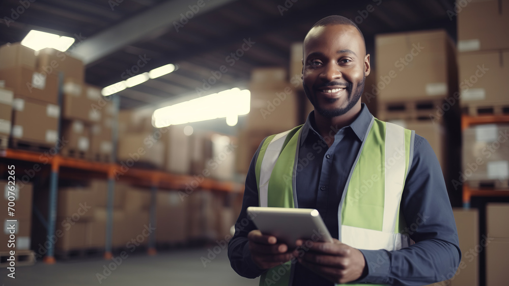 Happy man factory manager using digital tablet in warehouse. Concept banner modern industrial plant process, sunlight Happy man factory manager using digital tablet in warehouse. Concept banner modern industrial plant process, sunlight