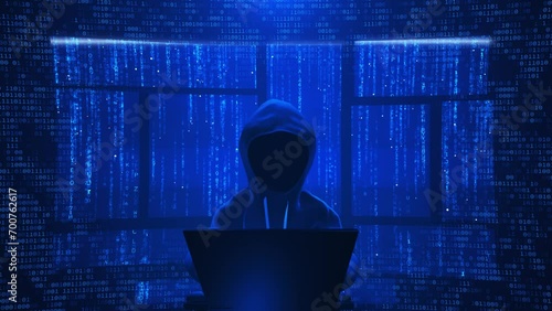 3D Anonymous Computer Hacker attacking internet Hacking malware concept. Hacker abstract laptop binary code digital interface. Virus, Spyware, Malware Malicious software. Cyber security cybercrime 4K photo
