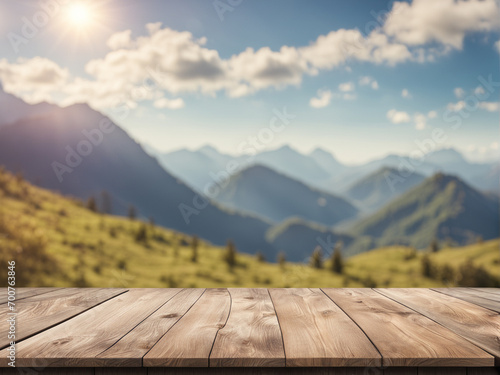 The empty wooden table with blurred background of a mountain lush image to mount your product digitally.