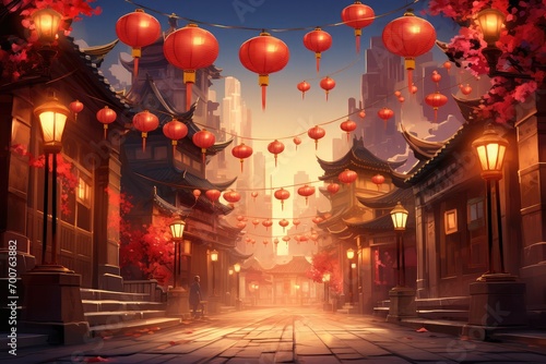 Happy Chinese new year, year of the dragon zodiac sign hanging beautiful lantern and flowers on red background