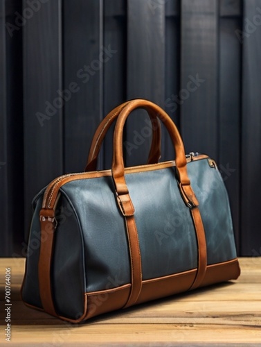 leather handbag on wooden table