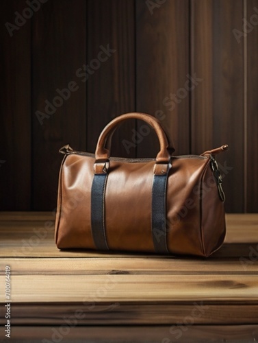 leather handbag on wooden table