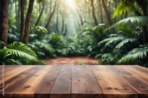 The empty wooden table with blurred background of a mountain lush image to mount your product digitally.