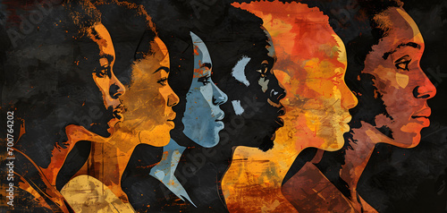 Black History Month banner featuring a silhouette profile of an ethnic group of black African and African American men on a black background, photo
