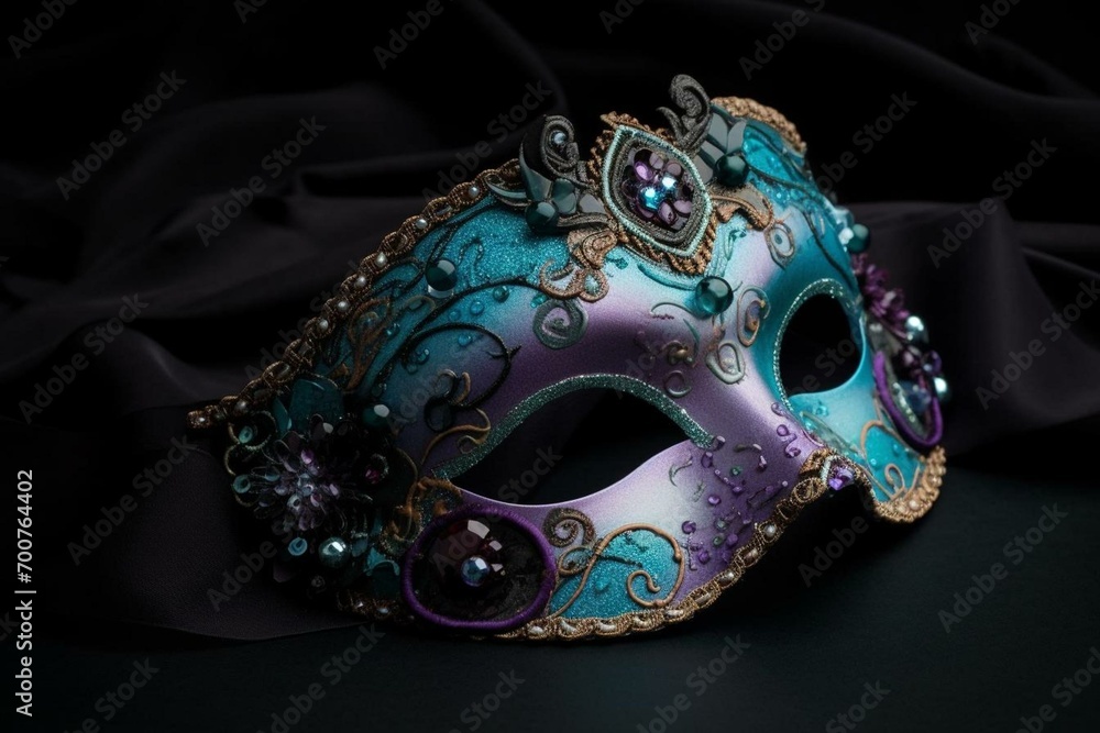 Colorful masquerade mask with elaborate design, featuring shades of purple and teal. Generative AI