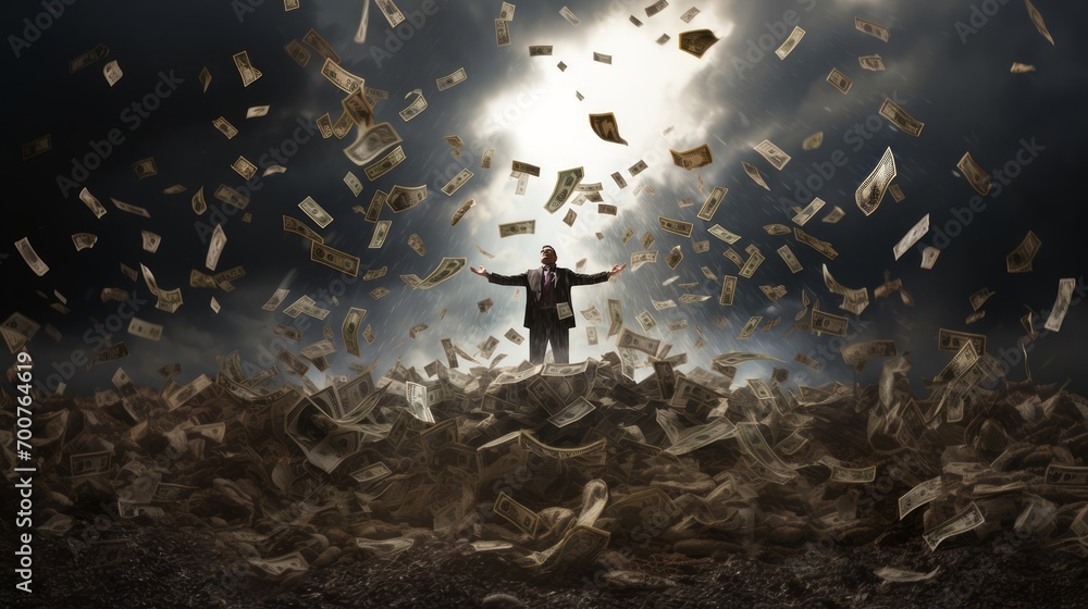 rich businessman stands on top of a mountain of money, rejoices at his success, and there are a lot of falling banknotes made of money around him. The pinnacle of business success. - obrazy, fototapety, plakaty 