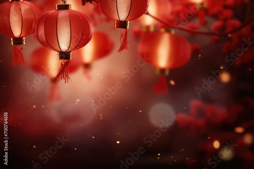 Happy Chinese new year, year of the dragon zodiac sign hanging beautiful lantern and flowers on red background