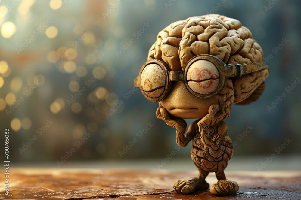 a cute brain character with a touch of vintage charm. Imagine it in a thoughtful pose, as if it's contemplating the secrets of the universe with a twinkle of intelligence in its eyes.