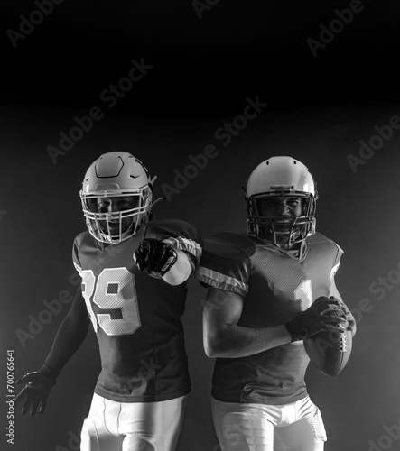 Two American football players Mockup for bookmaker ads with copy space. Mockup for betting advertisement. Black and white social media template.