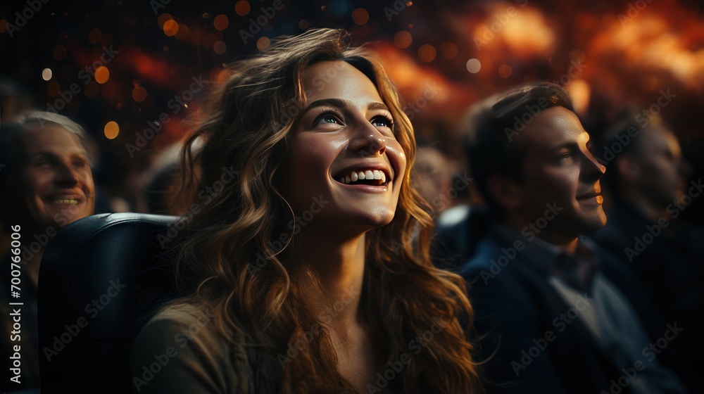 Portrait of a happy young woman sitting in a cinema auditorium