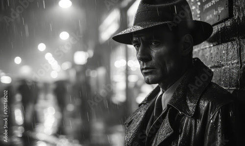 Mysterious man in trench coat and fedora standing under the rain at night, evoking noir film aesthetics photo