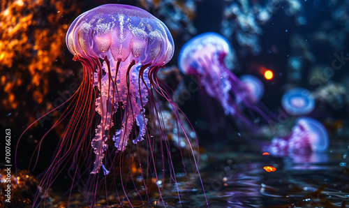 Ethereal Purple Jellyfish Floating Gracefully in the Depths of a Dark Ocean, Illuminated with a Bioluminescent Glow © Bartek