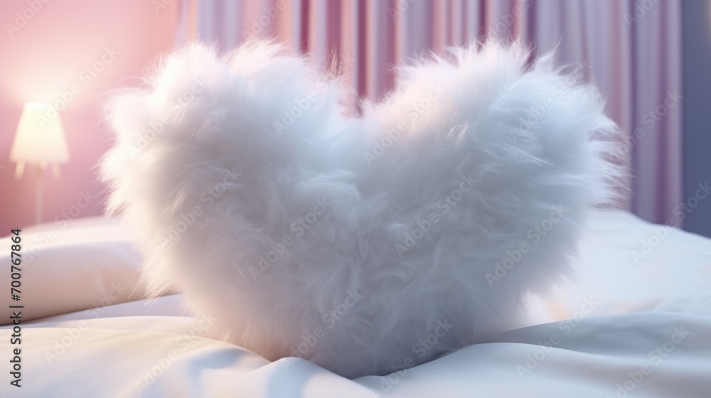 Fluffy plush heart background. Heart shape furry soft pillow or cushion illustration for web, card, poster, print, wallpaper. Valentine's day, love concept.
