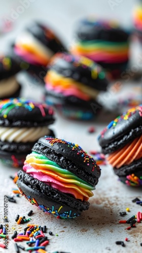 A close up of a bunch of black macarons with rainbow cream and colorful sprinkles