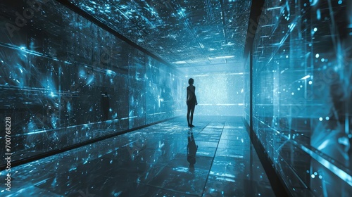 Man in virtual space. Luminous HUD Elements
