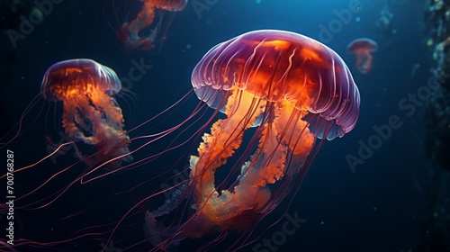 fluorescent medusa in its natural habitat. sea or ocean, underwater life. marine background. a glowing jellyfish. © MaskaRad