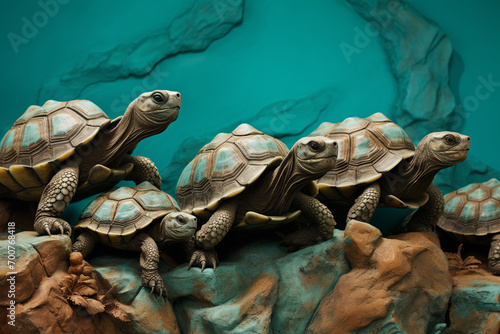 A group of wise tortoises moving deliberately against a brilliant turquoise wall. photo