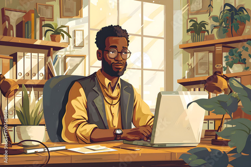 Cartoon style illustration of an African-American man working in his office for Black History Month celebration,