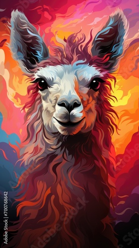 A close up of a llama on a colorful background