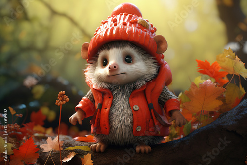 A little hedgehog sits in the woods wearing a red cap and hat, in the style of zbrush, detailed costumes, warmcore, rendered in cinema4d, childlike innocence, hyper-realistic. photo