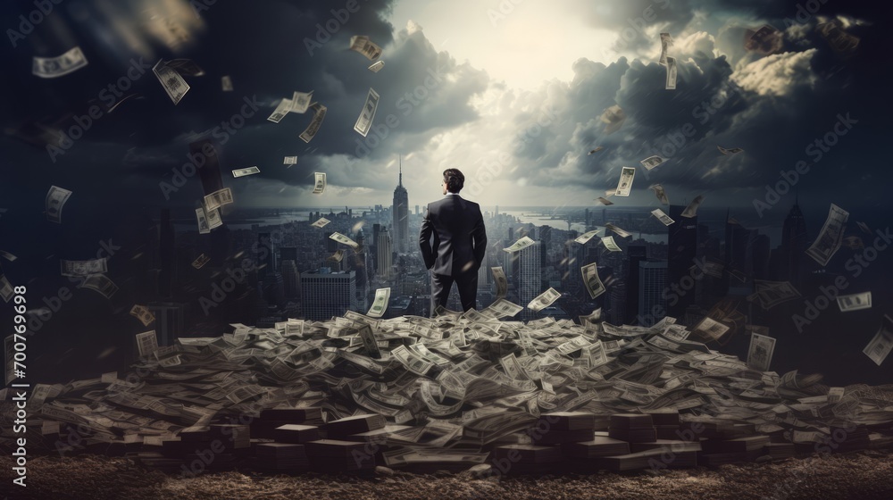 Rich businessman standing with his back against backdrop of modern city, surrounded by big money falling from sky. Money falls from the sky, big business, traders make money by trading securities. - obrazy, fototapety, plakaty 