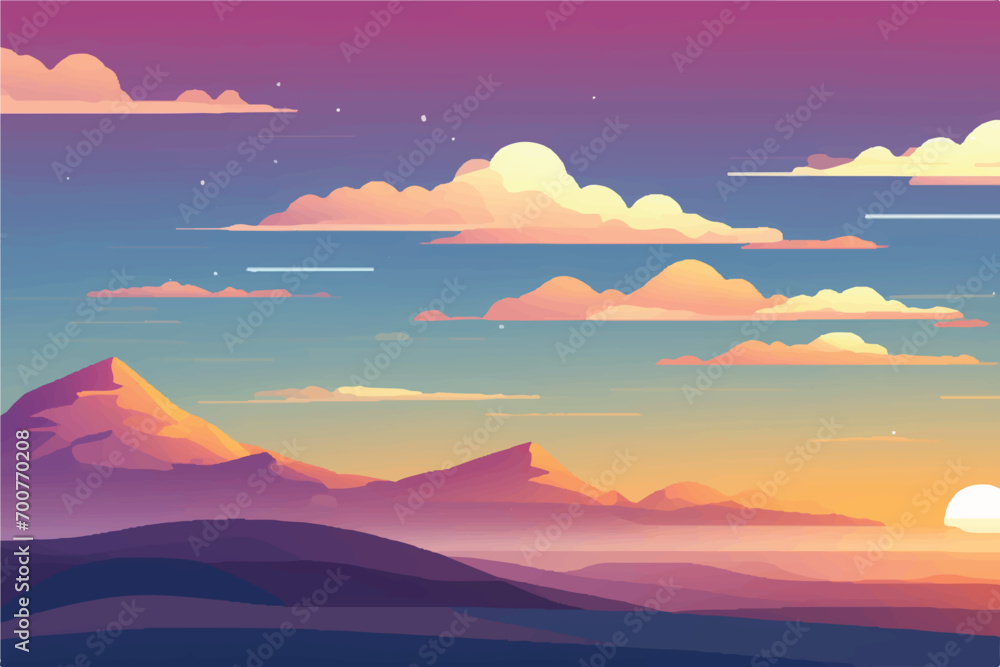 Beautiful Sunset Landscape in mountains and desert. Landscape showing view of nature and sunset. Vector illustration.