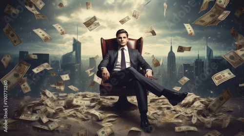 Confident businessman sits in a chair against the backdrop of a big city, with a lot of money lying around him. Business success concept.