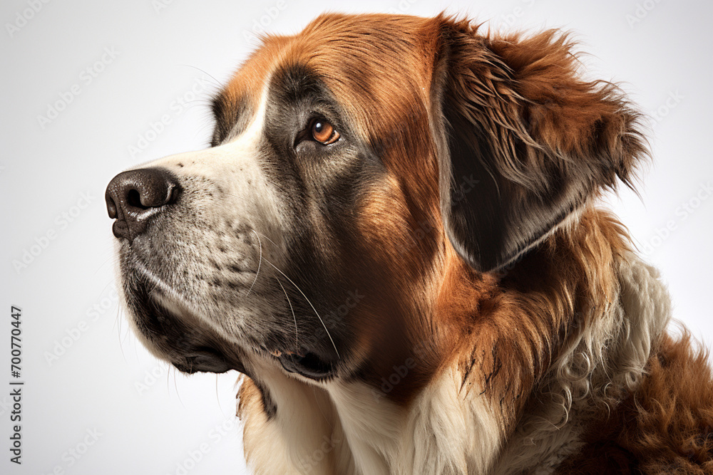 Saint Bernard Dog close-up portrait on a white background.
Saint Bernard Dog close-up portrait on a white background.