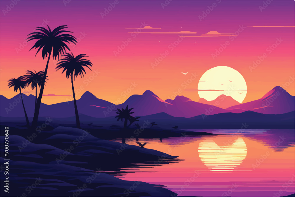 Beautiful Sunset Landscape in mountains and desert. Landscape showing view of nature and sunset. Vector illustration. Sunset in desert.