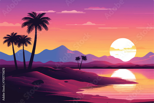 Beautiful Sunset Landscape in mountains and desert. Landscape showing view of nature and sunset. Vector illustration. Sunset in desert.