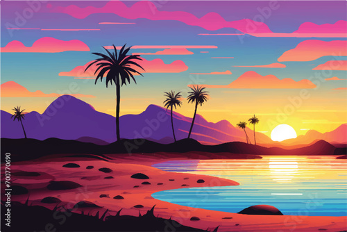 Fototapeta Naklejka Na Ścianę i Meble -  Beautiful Sunset Landscape in mountains and desert. Landscape showing view of nature and sunset. Vector illustration. Sunset in desert.