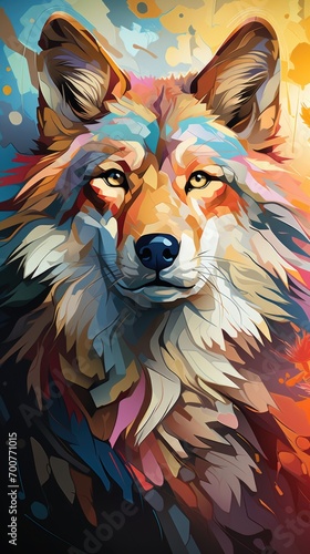 A painting of a wolf with a colorful background
