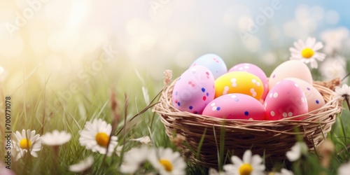 A basket filled with easter eggs sitting on top of a grass covered field, festive Easter background.