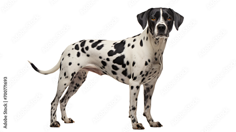 A playful dalmatian with soulful brown eyes eagerly awaits his owner's return, his black and white coat glistening in the sun as he eagerly sniffs the air