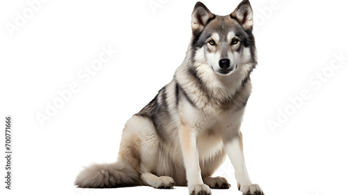 A majestic wolfdog, with the sleek snout of a wolf and the loyal heart of a sled dog, sits regally on a black canvas, embodying the bond between human and animal photo