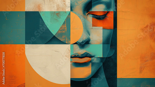 Contemporary art collage. Abstract woman face. Feminine abstraction poster in teal and orange palette. Creative geometric female pattern in cubism style. Concept of beauty, femininity, fashion. © Tamara