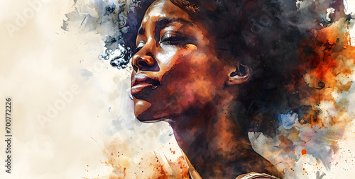 Banner with copy space, watercolor portrait of a beautiful African American woman, concept for African American History Month,
