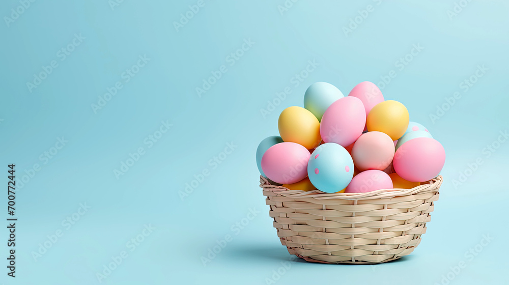 Multi colors Easter eggs in the woven basket on colored background . Pastel color Easter eggs. holiday concept with copy space. Multi colors Easter eggs in the woven basket on colored background . Pastel color Easter eggs. holiday concept with copy space.