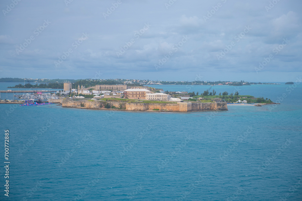 National Museum of Bermuda aerial view including Commissioner's House and rampart at the former Royal Naval Dockyard in Sandy Parish, Bermuda. 