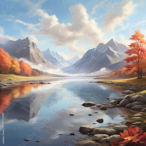 a picture depicting a lake in the mountains with mountains in the distance ai generated