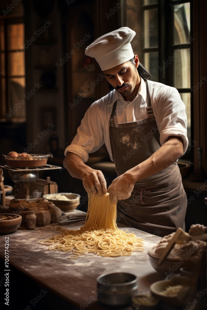 Chef prepares fresh pasta in a traditional Italian kitchen