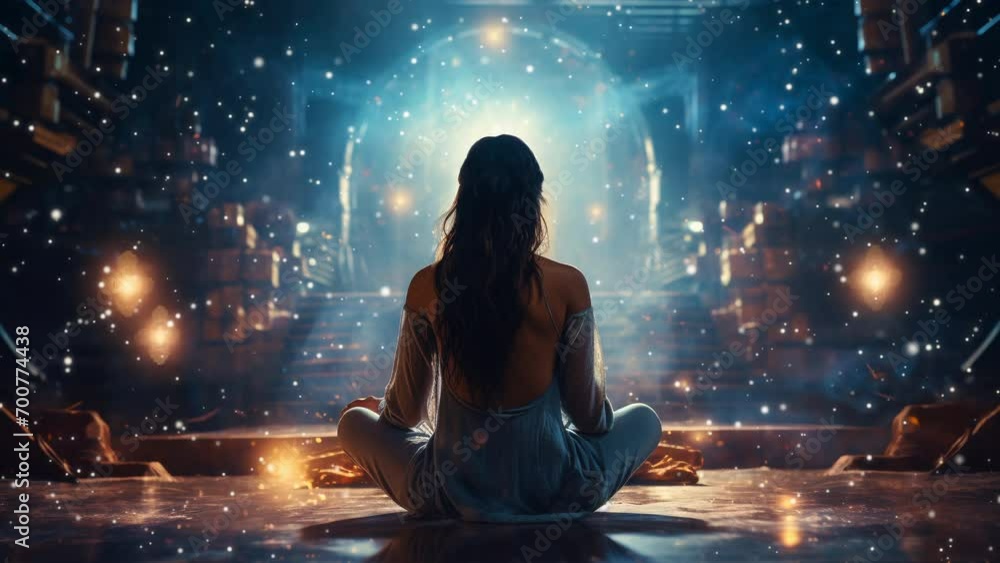 Woman does yoga in the lotus position. Around the magical background with flying glowing particles Woman does yoga in the lotus position. Around the magical background with flying glowing particles